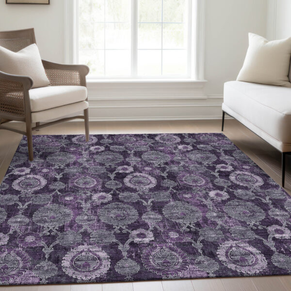 8' X 10' Eggplant Purple And Lavender Damask Washable Indoor Outdoor Area Rug
