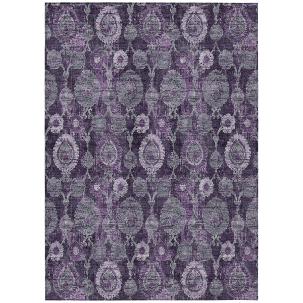 8' X 10' Eggplant Purple And Lavender Damask Washable Indoor Outdoor Area Rug