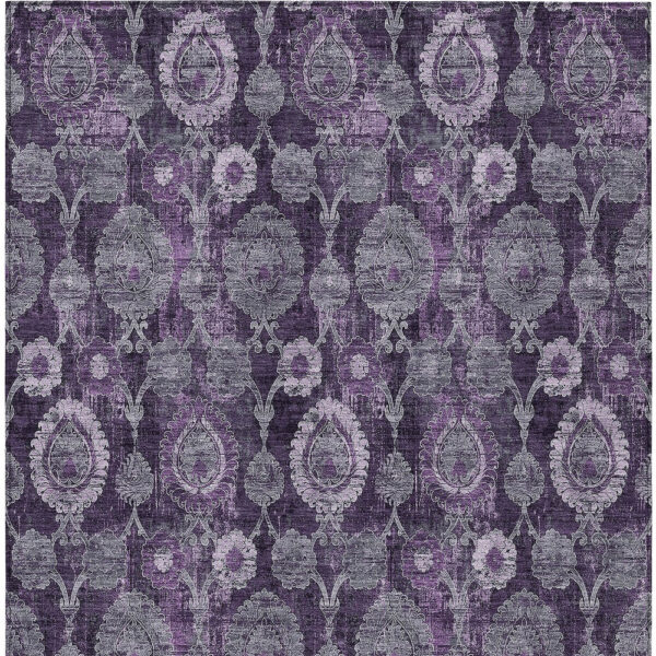 8' X 10' Eggplant Purple And Lavender Damask Washable Indoor Outdoor Area Rug