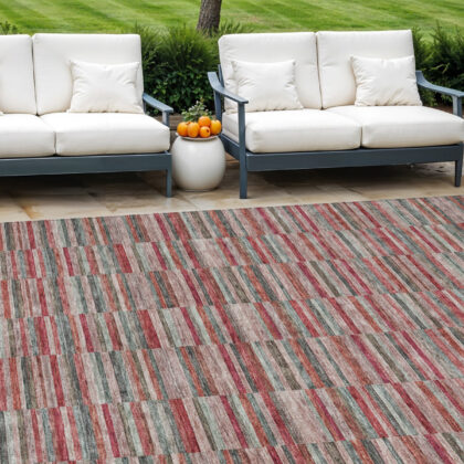 8' X 10' Red Beige And Copper Striped Washable Indoor Outdoor Area Rug