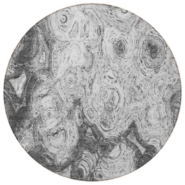 8' Gray Silver And Charcoal Round Abstract Washable Indoor Outdoor Area Rug