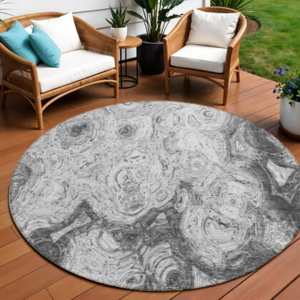 8' Gray Silver And Charcoal Round Abstract Washable Indoor Outdoor Area Rug