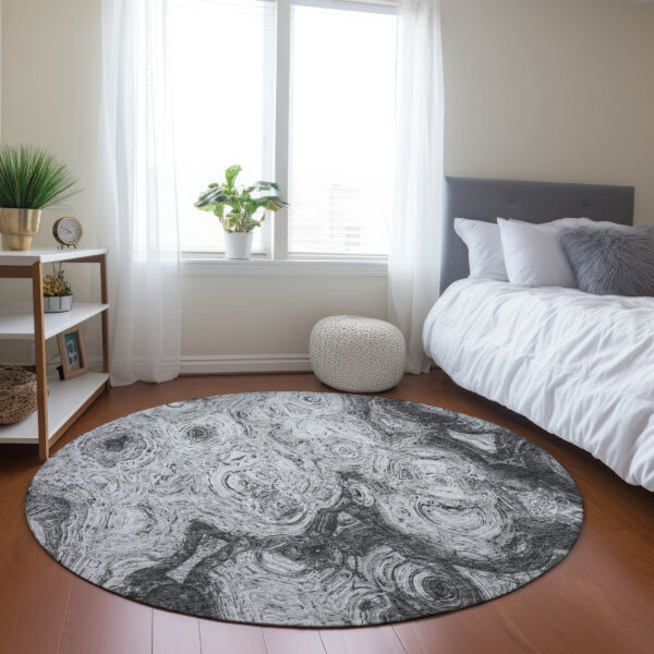 8' Gray Silver And Charcoal Round Abstract Washable Indoor Outdoor Area Rug