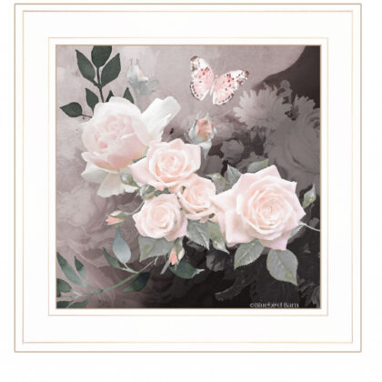 Pink Roses and Butterfly White Framed Print Wall Art