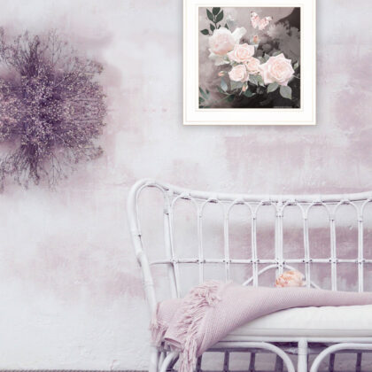 Pink Roses and Butterfly White Framed Print Wall Art