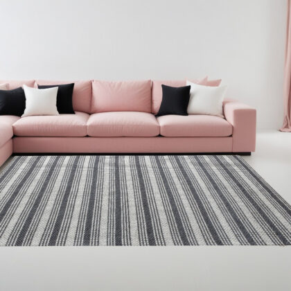 8' x 10' Gray and Ivory Striped Hand Woven Non Skid Area Rug