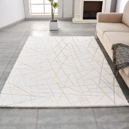 3' X 5' White and Gold Faux Fur Abstract Shag Non Skid Area Rug