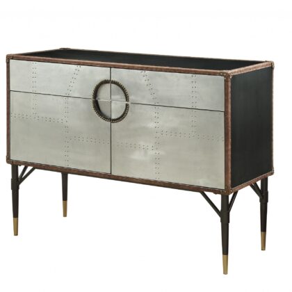 52" Brown Silver and Black Leather And Aluminum Console Table With Two Drawers