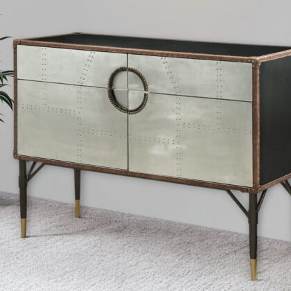 52" Brown Silver and Black Leather And Aluminum Console Table With Two Drawers