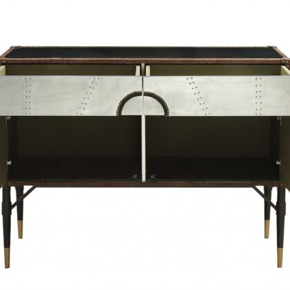 52" Brown Silver and Black Leather And Aluminum Console Table With Two Drawers