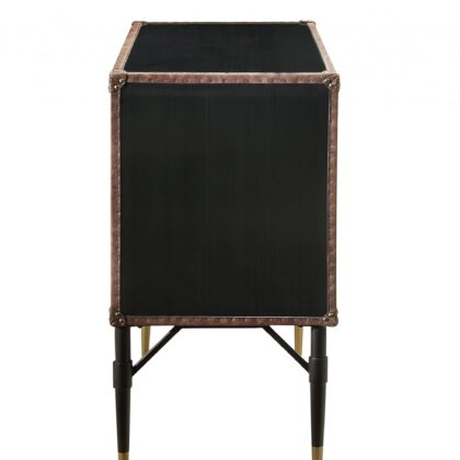 52" Brown Silver and Black Leather And Aluminum Console Table With Two Drawers