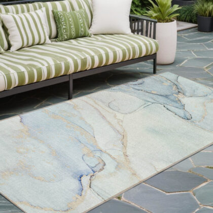 8' Runner Beige and Blue Abstract Washable Non Skid Indoor Outdoor Runner Rug