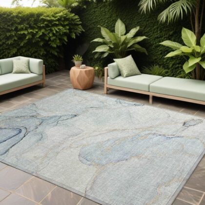 8' X 10' Beige and Blue Abstract Washable Non Skid Indoor Outdoor Area Rug