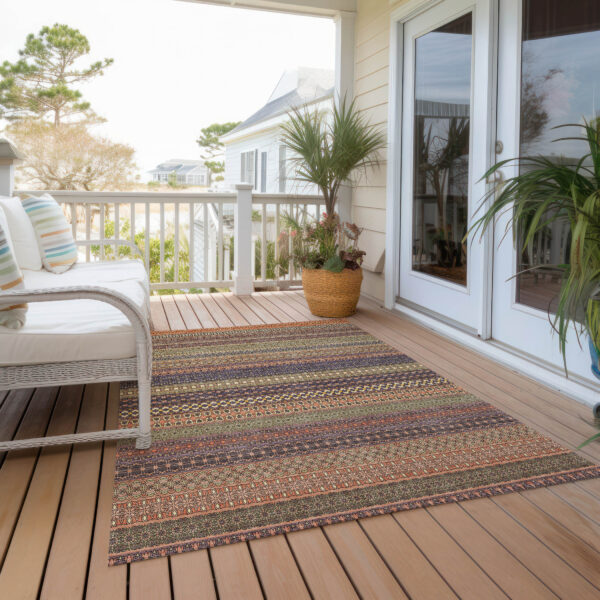 9' X 12' Orange Striped Washable Non Skid Indoor Outdoor Area Rug
