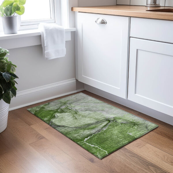 2' X 3' Olive Green Abstract Washable Non Skid Indoor Outdoor Area Rug