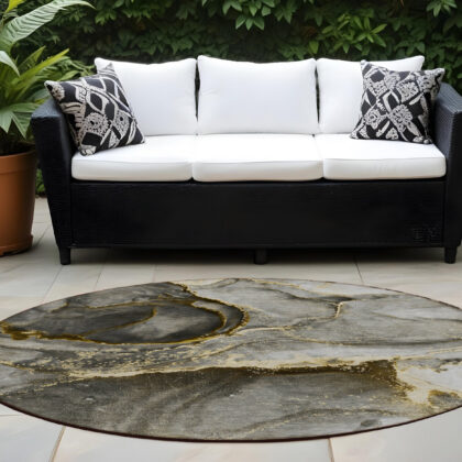8' Round Gray and Gold Round Abstract Washable Non Skid Indoor Outdoor Area Rug