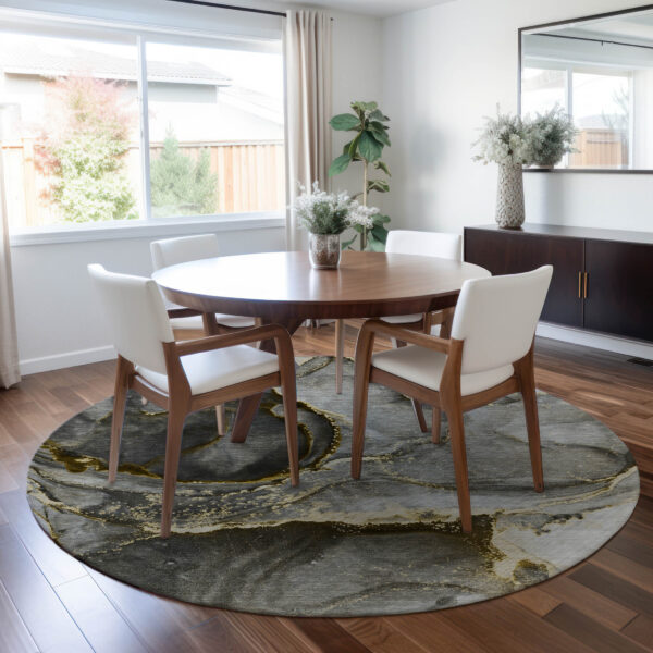 8' Round Gray and Gold Round Abstract Washable Non Skid Indoor Outdoor Area Rug