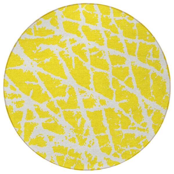 8' Round Yellow and White Round Abstract Washable Non Skid Indoor Outdoor Area Rug