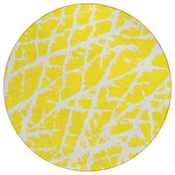 8' Round Yellow and White Round Abstract Washable Non Skid Indoor Outdoor Area Rug