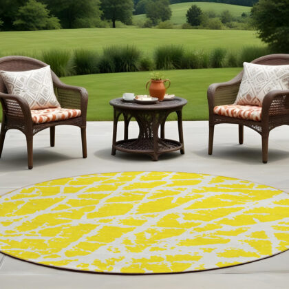 8' Round Yellow and White Round Abstract Washable Non Skid Indoor Outdoor Area Rug