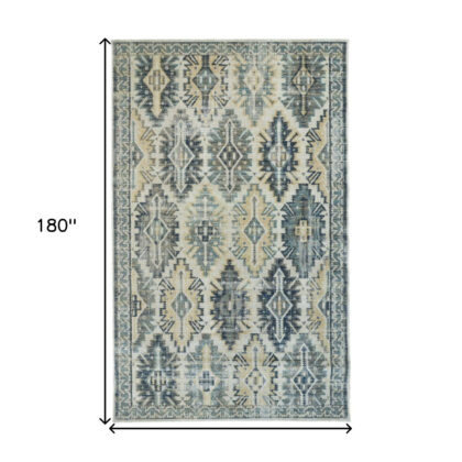 13' X 15' Ivory Green and Blue Aztec Distressed Indoor Outdoor Area Rug