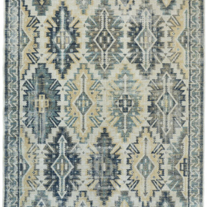 13' X 15' Ivory Green and Blue Aztec Distressed Indoor Outdoor Area Rug