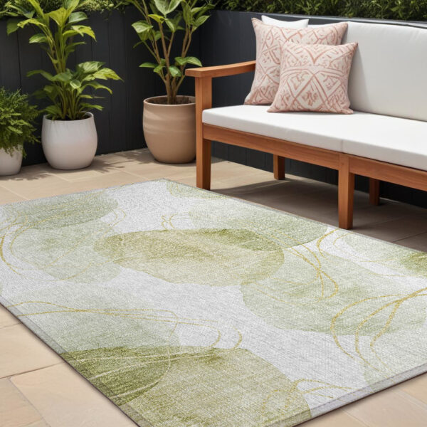 10' X 14' Green and Ivory Abstract Washable Non Skid Indoor Outdoor Area Rug