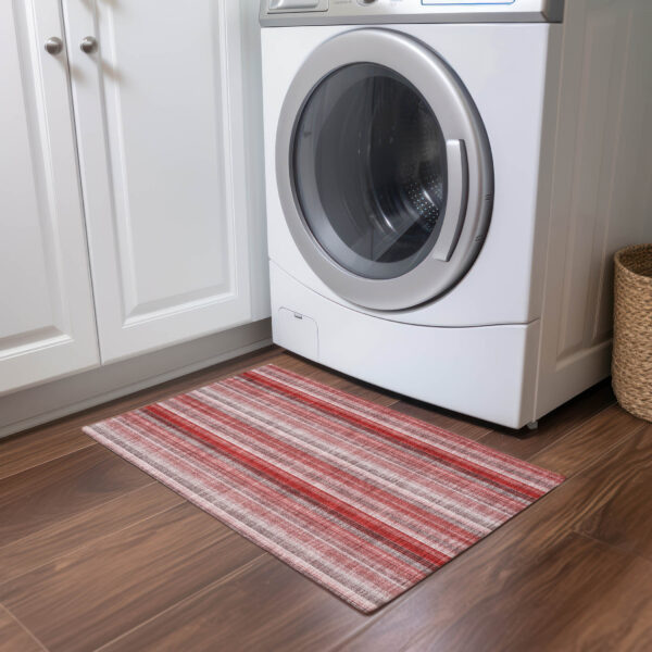 2' X 3' Gray Pink and Red Striped Washable Non Skid Indoor Outdoor Area Rug