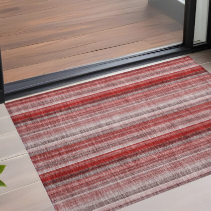 2' X 3' Gray Pink and Red Striped Washable Non Skid Indoor Outdoor Area Rug