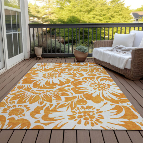 8' X 10' Orange and White Floral Washable Non Skid Indoor Outdoor Area Rug