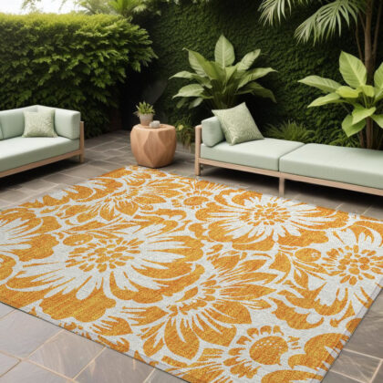8' X 10' Orange and White Floral Washable Non Skid Indoor Outdoor Area Rug