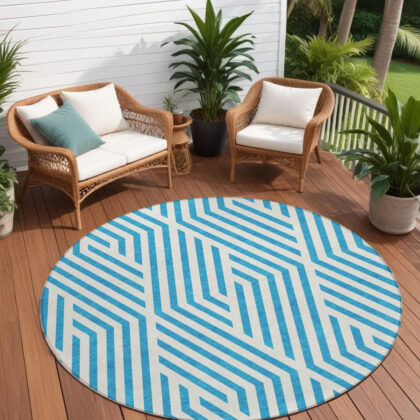 8' Round Teal and White Round Geometric Washable Non Skid Indoor Outdoor Area Rug