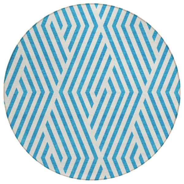 8' Round Teal and White Round Geometric Washable Non Skid Indoor Outdoor Area Rug