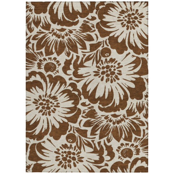 9' X 12' Brown and Ivory Floral Washable Non Skid Indoor Outdoor Area Rug