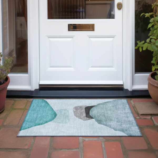 2' X 3' Teal Ivory and Gray Abstract Washable Non Skid Indoor Outdoor Area Rug
