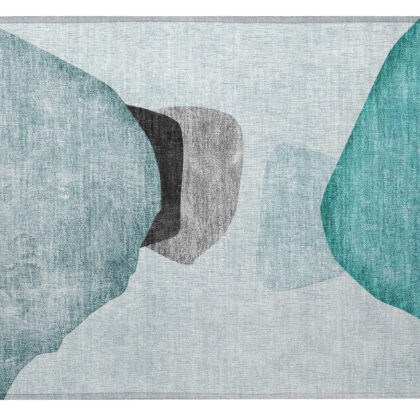 2' X 3' Teal Ivory and Gray Abstract Washable Non Skid Indoor Outdoor Area Rug