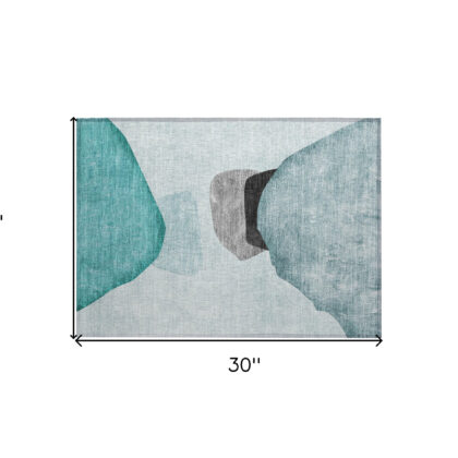 2' X 3' Teal Ivory and Gray Abstract Washable Non Skid Indoor Outdoor Area Rug