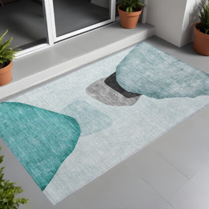 2' X 3' Teal Ivory and Gray Abstract Washable Non Skid Indoor Outdoor Area Rug