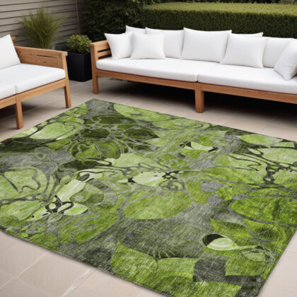 10' X 14' Fern Green and Gray Abstract Washable Indoor Outdoor Area Rug
