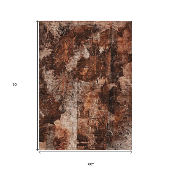 5' X 8' Orange Floral Washable Non Skid Indoor Outdoor Area Rug