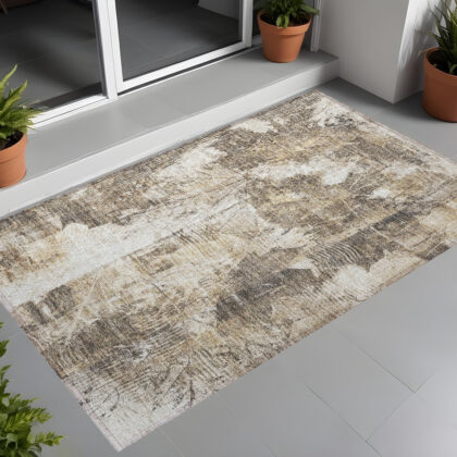 3' X 5' Taupe and Ivory Floral Washable Non Skid Indoor Outdoor Area Rug