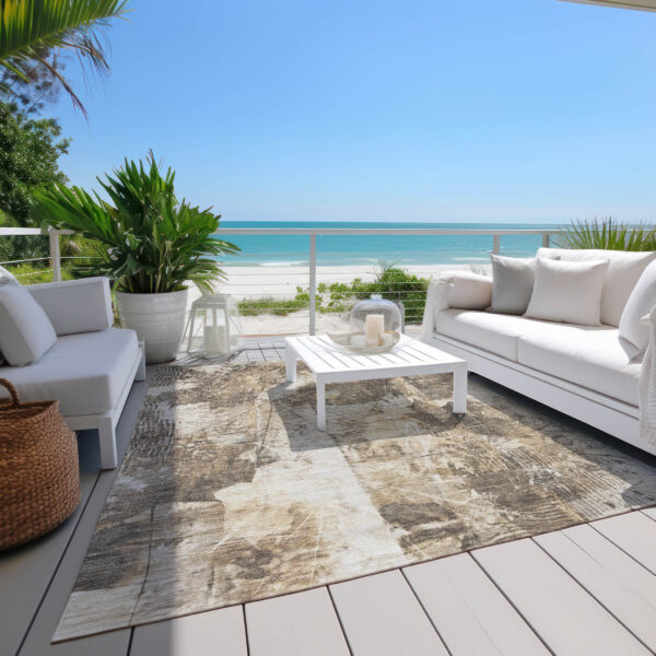 3' X 5' Taupe and Ivory Floral Washable Non Skid Indoor Outdoor Area Rug