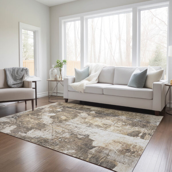 3' X 5' Taupe and Ivory Floral Washable Non Skid Indoor Outdoor Area Rug