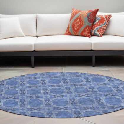 8' Round Denim Blue and Gray Round Floral Medallion Washable Non Skid Indoor Outdoor Area Rug