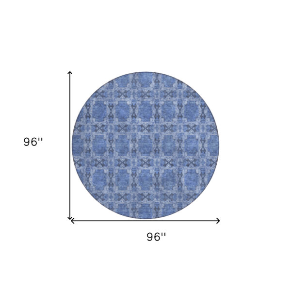 8' Round Denim Blue and Gray Round Floral Medallion Washable Non Skid Indoor Outdoor Area Rug