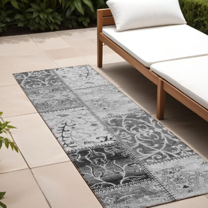 8' Runner Gray Patchwork Washable Non Skid Indoor Outdoor Runner Rug
