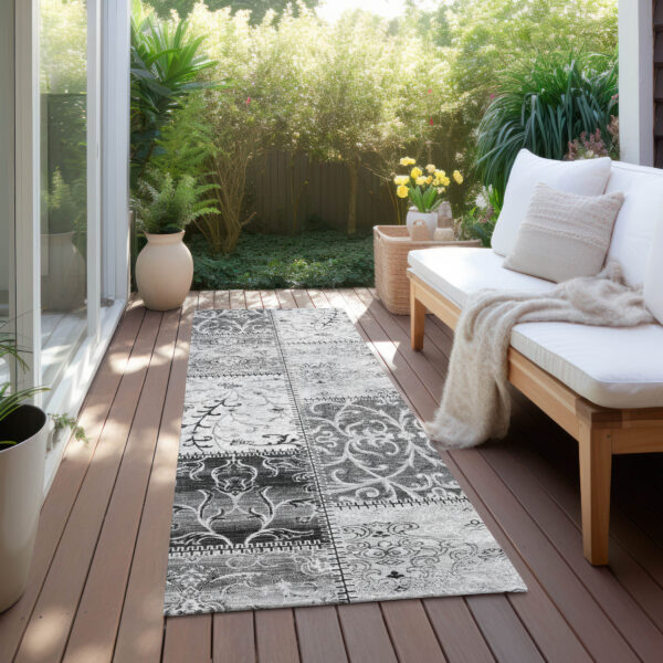 8' Runner Gray Patchwork Washable Non Skid Indoor Outdoor Runner Rug