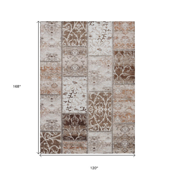 10' X 14' Taupe and Ivory Patchwork Washable Non Skid Indoor Outdoor Area Rug