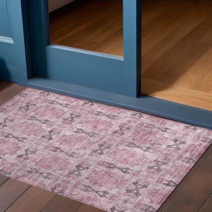 3' X 5' Pink Floral Medallion Washable Non Skid Indoor Outdoor Area Rug