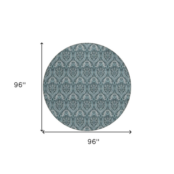 8' Round Teal Round Damask Washable Non Skid Indoor Outdoor Area Rug